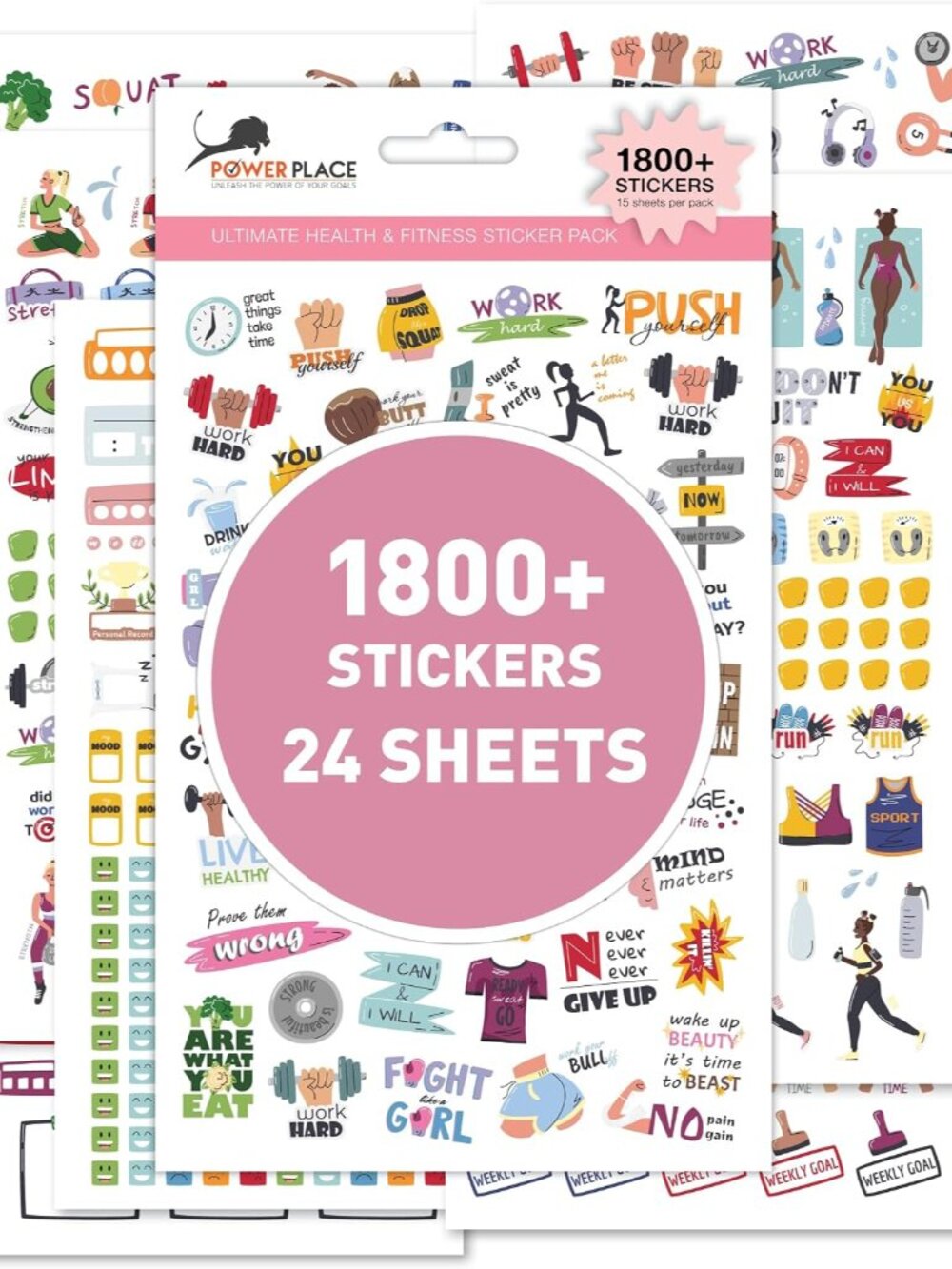 Workout & Fitness Stickers Mega Pack - Set of 24 Sheets 1800+ Health and Wellnes